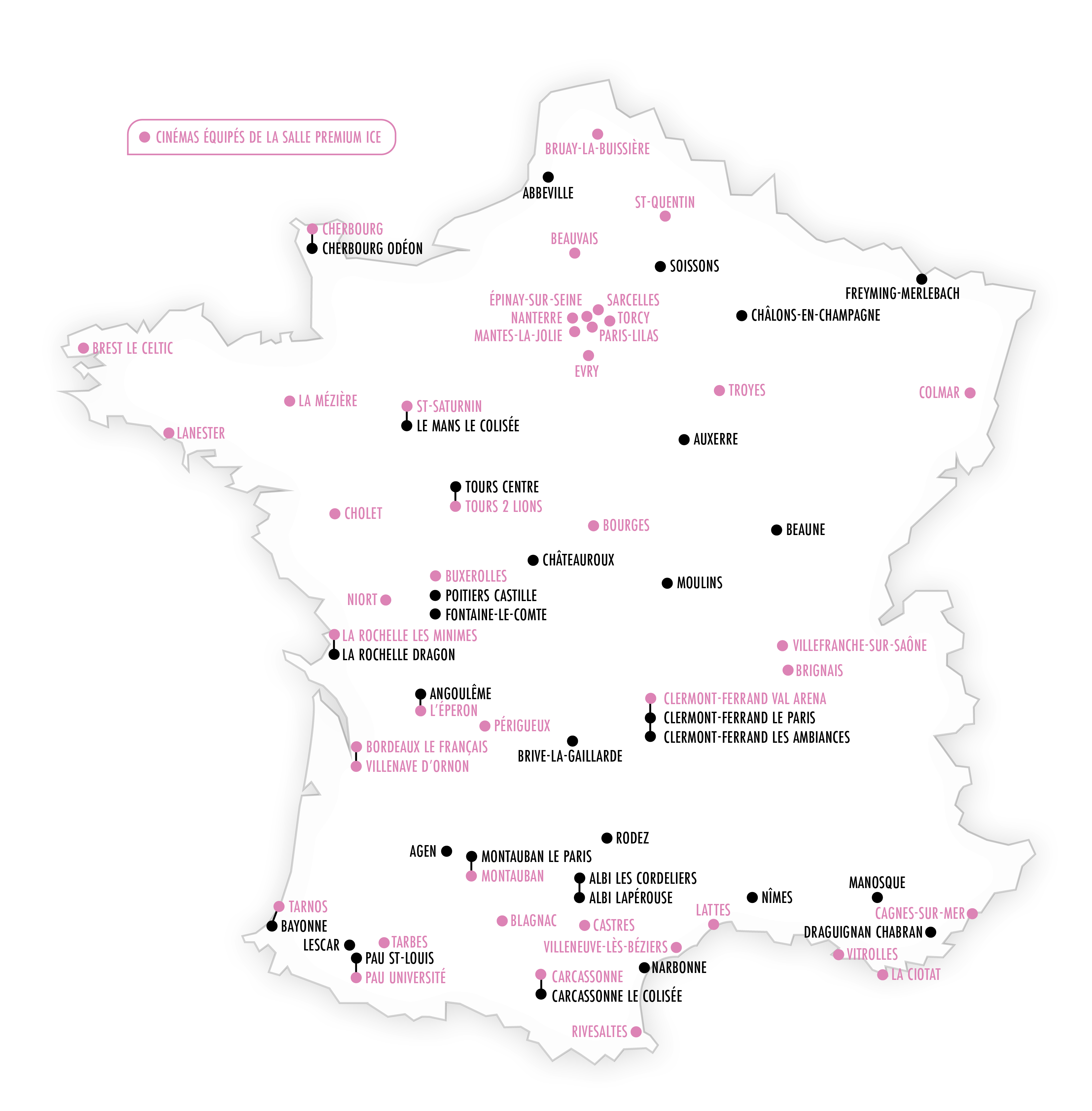 Carte de France avec localisation des 73 cinémas CGR répartis sur le territoire